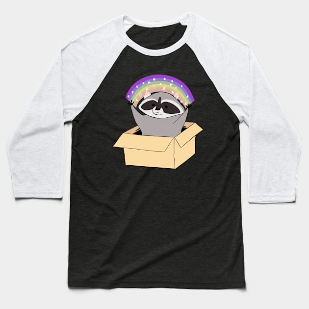 Funny Raccoon in a box with a rainbow Baseball T-Shirt by Yarafantasyart